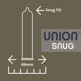 Illustration of a snug-fitting condom labeled "Snug Fit" with an arrow pointing to the 49mm width measurement. The brand name "Glyde" is displayed on the right, featuring their product, Union "Snug" Smaller Size Condoms, made from 100% natural latex. The background features a muted green color.